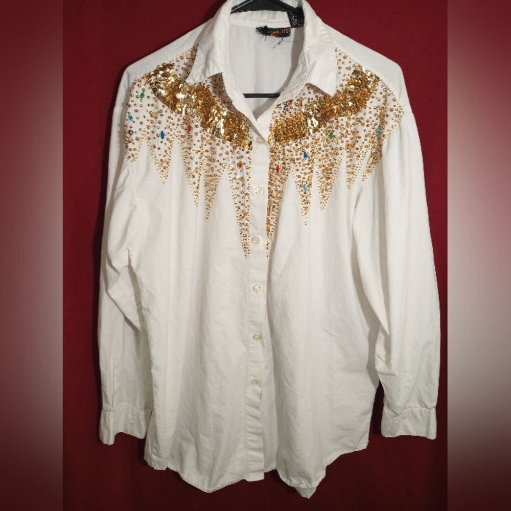 Vintage White Shirt with Gold Sequin Design